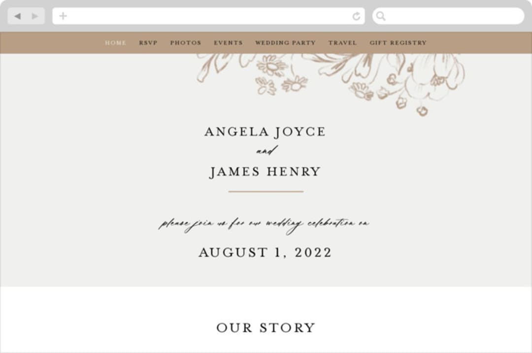 "Sketched Flora" - Wedding Website in Cream by Paper Raven Co. - Desktop Design
