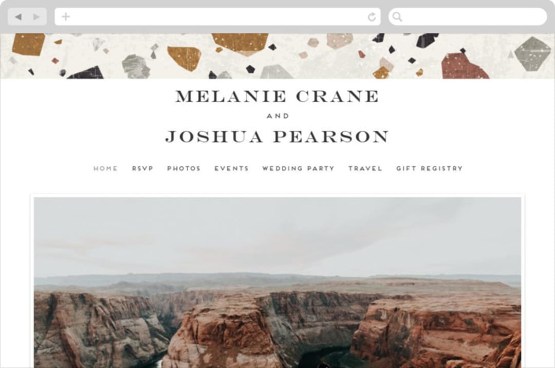 "Terrazzo Frame" - Wedding Website in Mustard by Amy Payne - Desktop Design