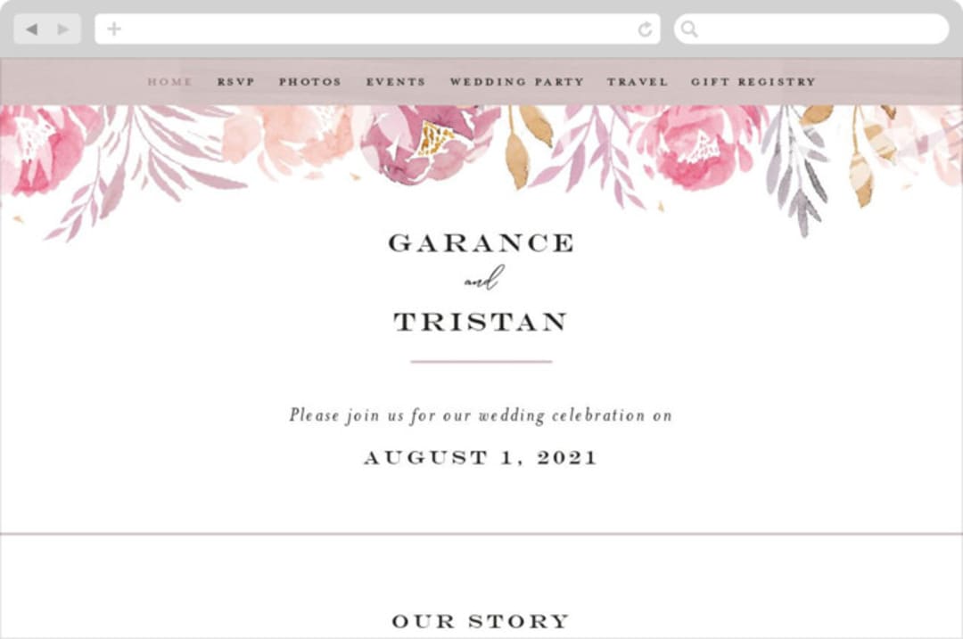 "Grand Bloom" - Wedding Website in Mauve by Bonjour Paper - Desktop Design