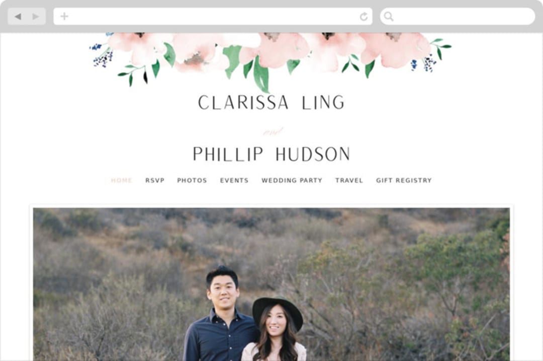 "Soft Florals" - Wedding Website in Coral Wash by Leah Bisch - Desktop Design