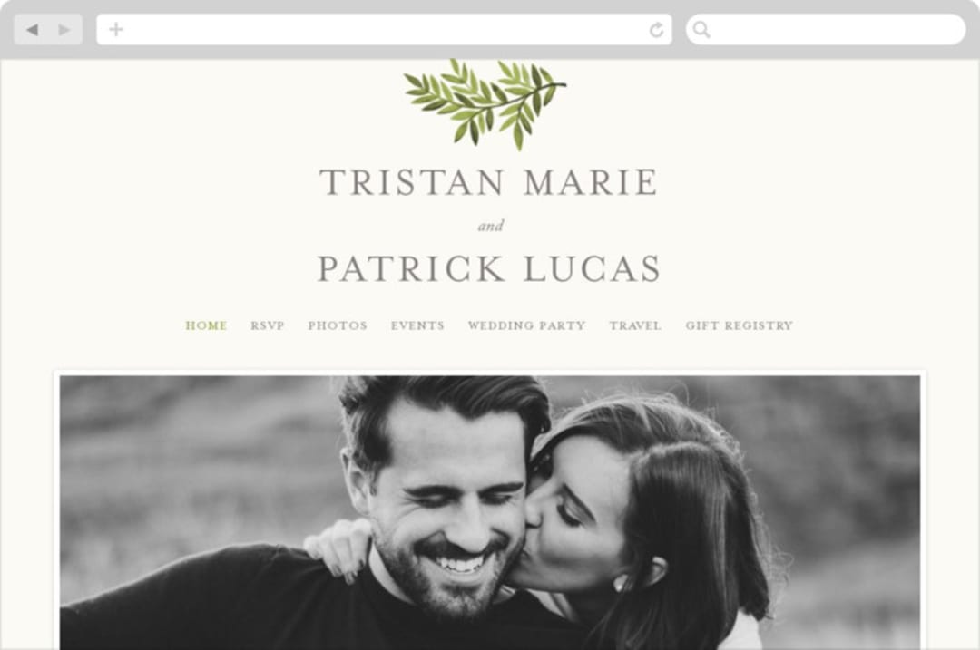 "Watercolor Laurels" - Wedding Website in Leaf by Katharine Watson - Desktop Design