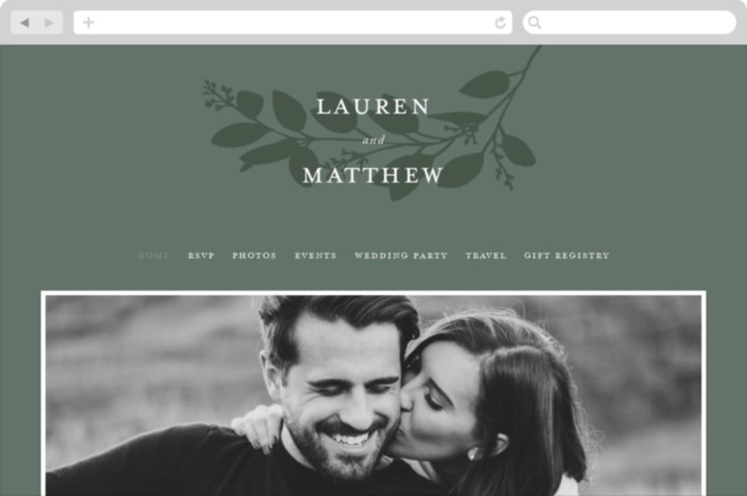 "Falling Branch" - Wedding Website in Eucalyptus by Amy Kross - Desktop Design