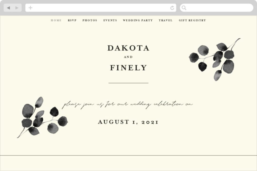 "Silver Dollar Eucalyptus" - Wedding Website in Ivory by Shannon Chen of Four Wet Feet Studio - Desktop Design