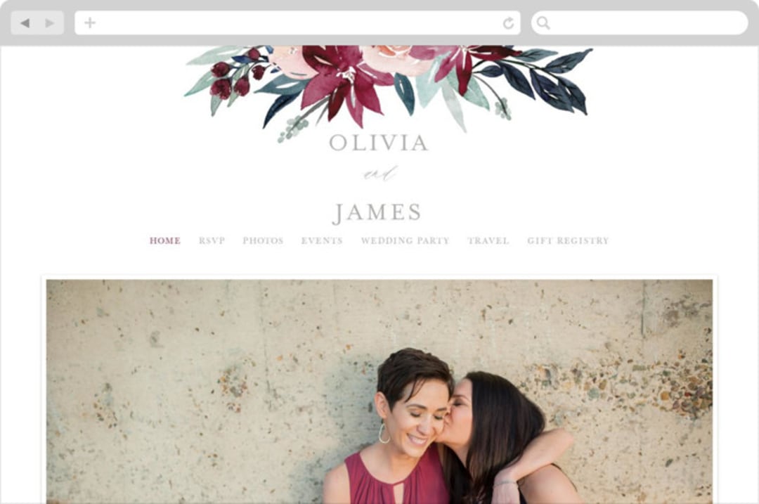 "Garden Stroll" - Wedding Website in Burgundy by Creo Study - Desktop Design