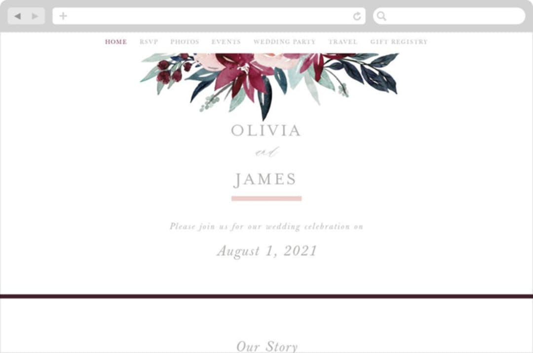 "Garden Stroll" - Wedding Website in Burgundy by Creo Study - Desktop Design