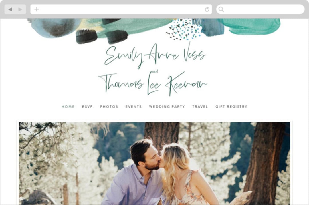 "Feathery Painted" - Wedding Website in Teal by Erika Firm - Desktop Design