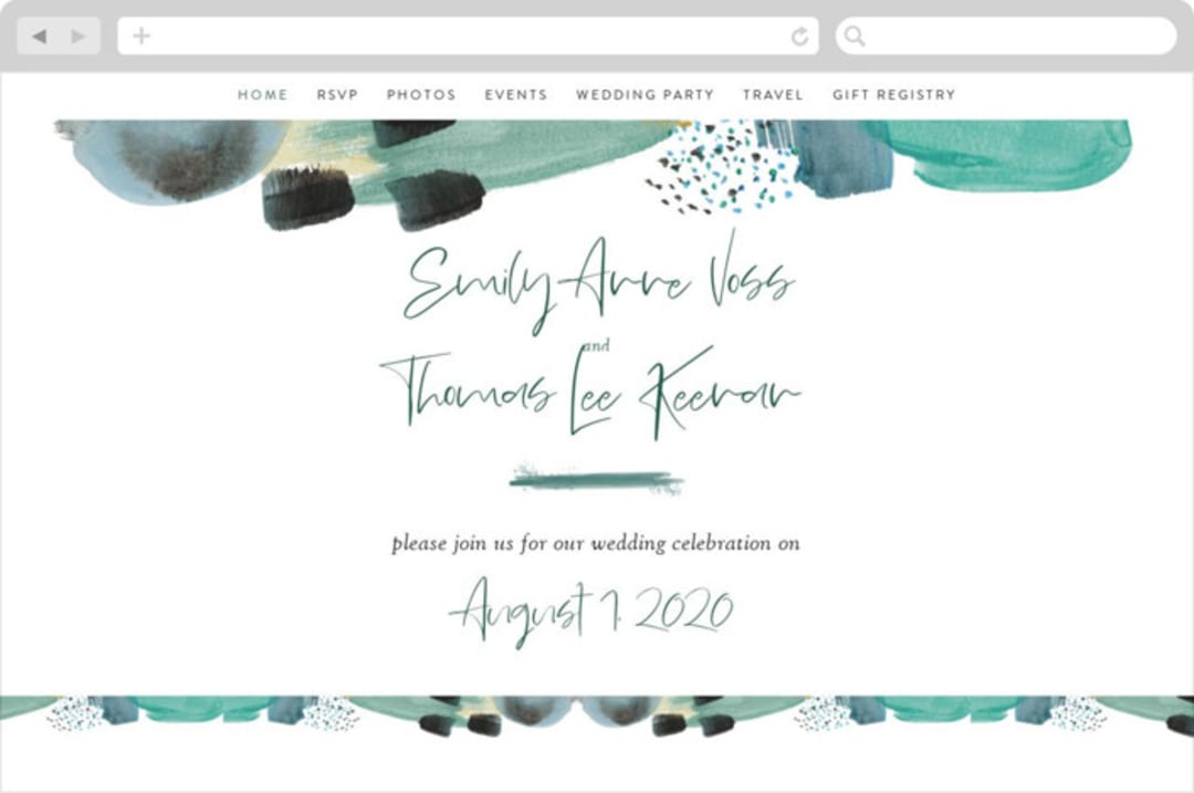 "Feathery Painted" - Wedding Website in Teal by Erika Firm - Desktop Design