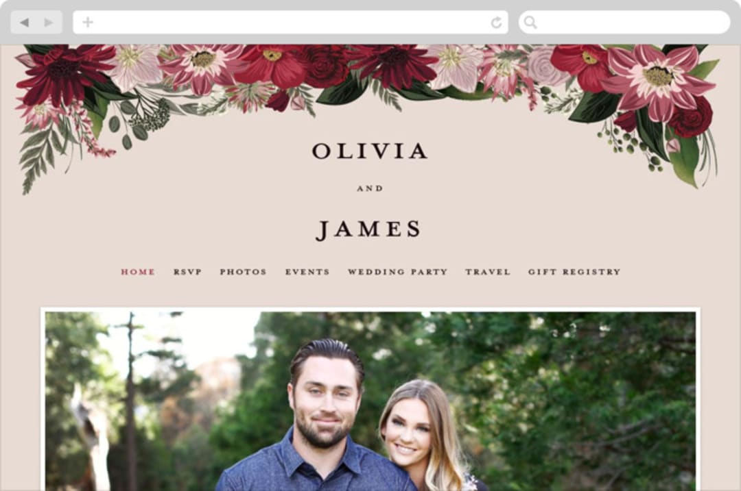 "Midnight Botanicals" - Wedding Website in Cranberry by Susan Moyal - Desktop Design