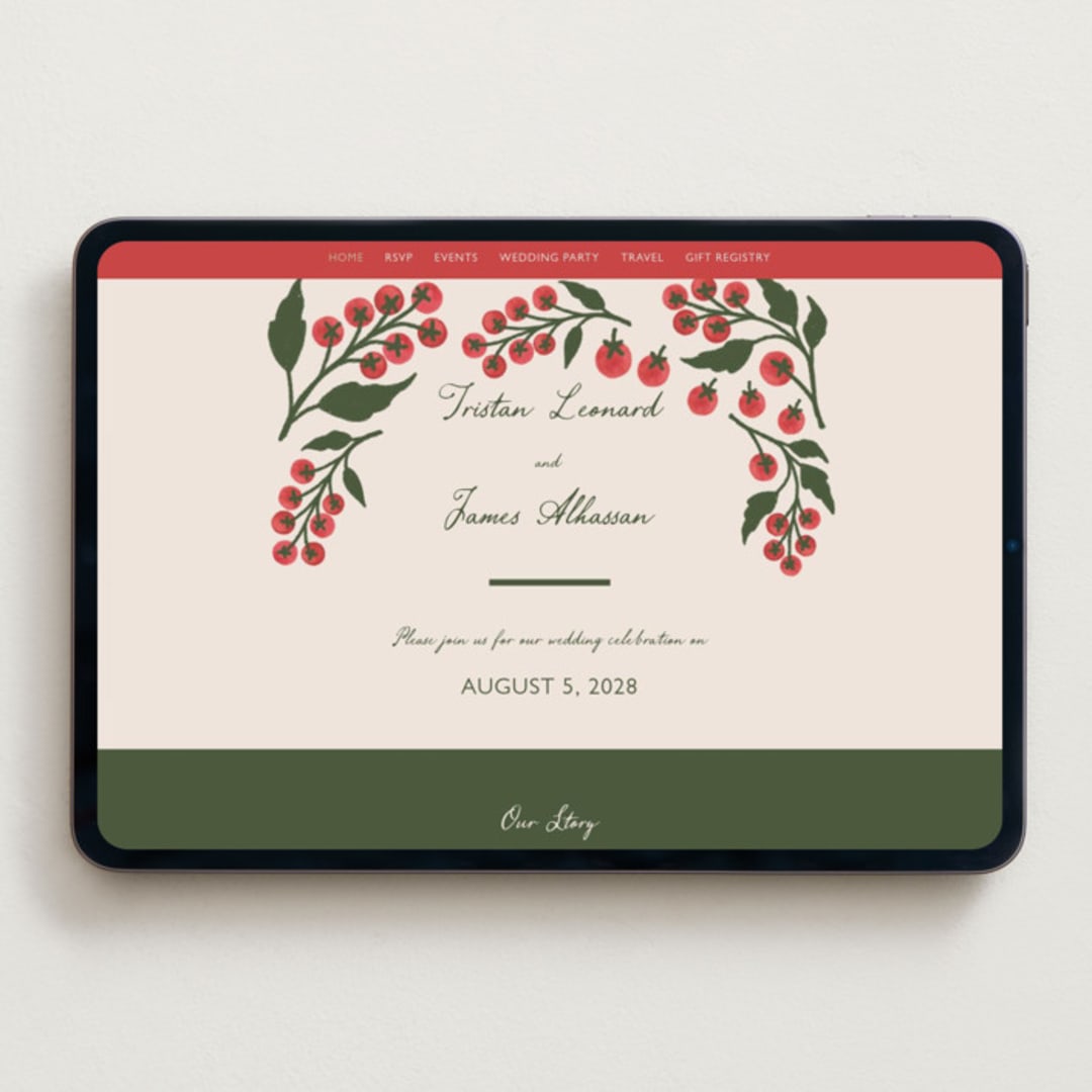"Cherry Tomatoes" - Wedding Website in Tomato by Katharine Watson - Desktop Design