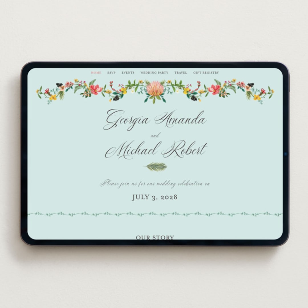 "Tropical Crest" - Wedding Website in Papaya by Susan Moyal - Desktop Design