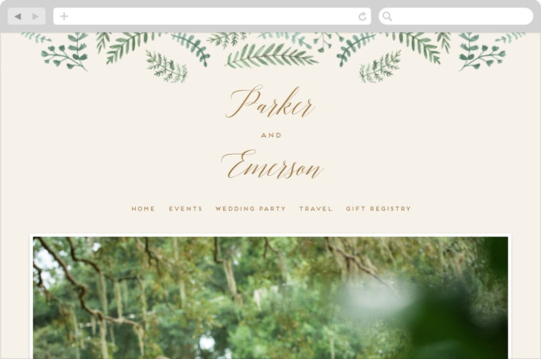 "Painted Ferns" - Wedding Website in Cream by Amy Kross - Desktop Design