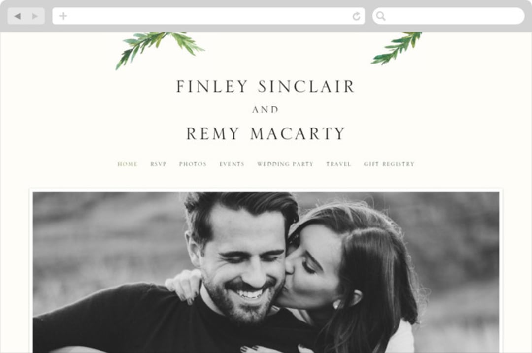 "Simple Pine Branches" - Wedding Website in Vanilla by Mere Paper - Desktop Design