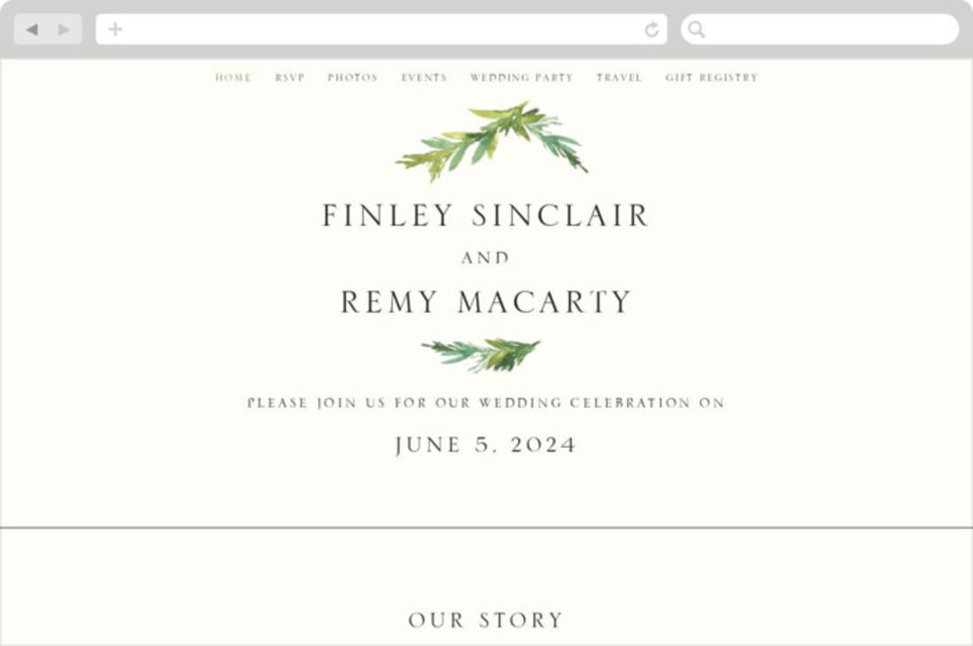 "Simple Pine Branches" - Wedding Website in Vanilla by Mere Paper - Desktop Design