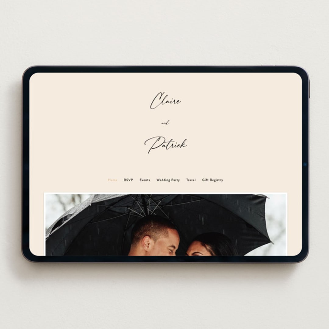 "Script and Monogram" - Wedding Website in Sand by Carolyn MacLaren - Desktop Design