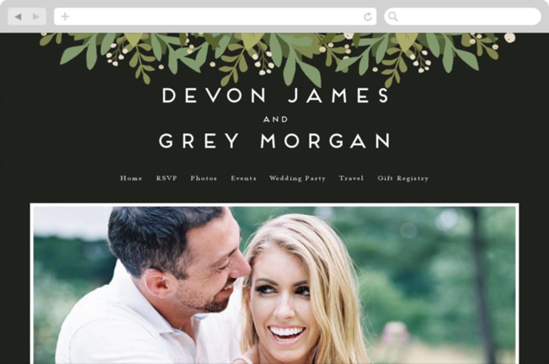 "Laurel of Greens" - Wedding Website in Midnight by Jennifer Wick - Desktop Design