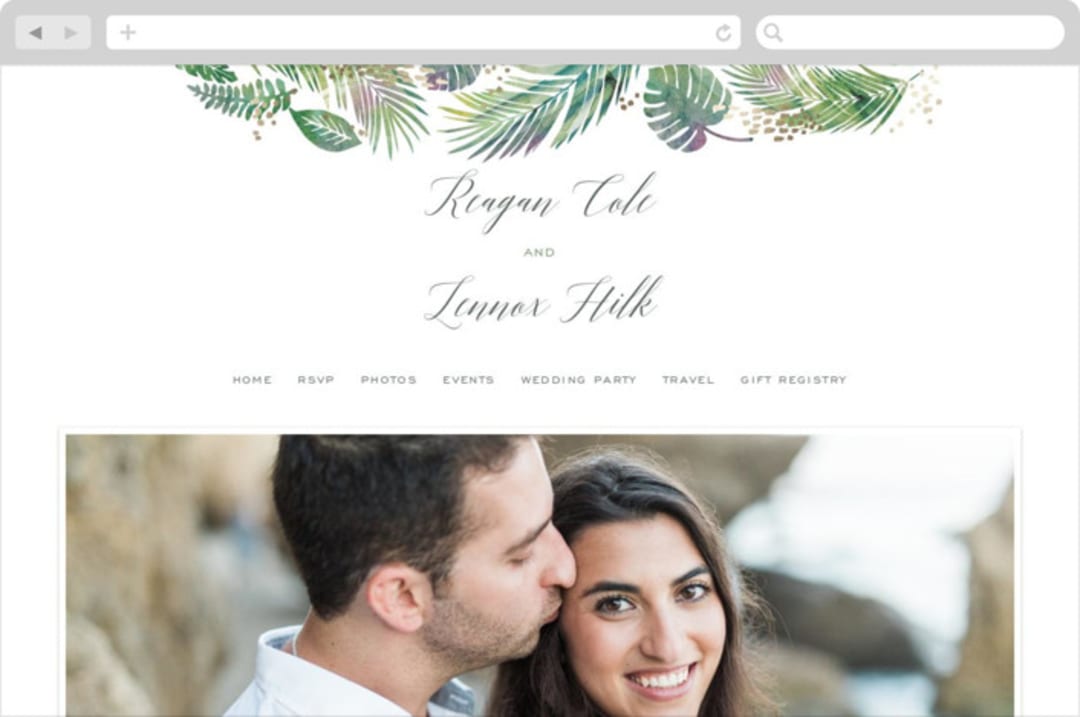 "Tropical Foliage" - Wedding Website in Fern by Hooray Creative - Desktop Design