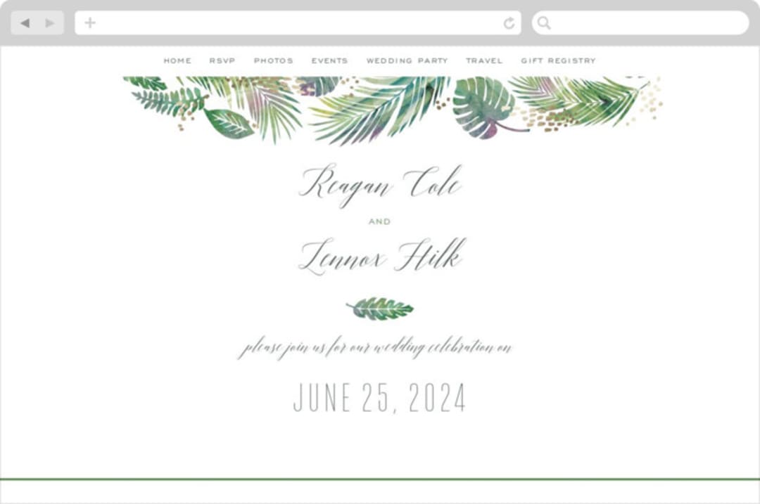 "Tropical Foliage" - Wedding Website in Fern by Hooray Creative - Desktop Design