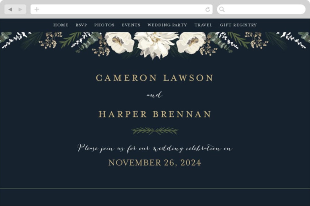 "Peonies & Berries" - Wedding Website in Winter White by Susan Moyal - Desktop Design