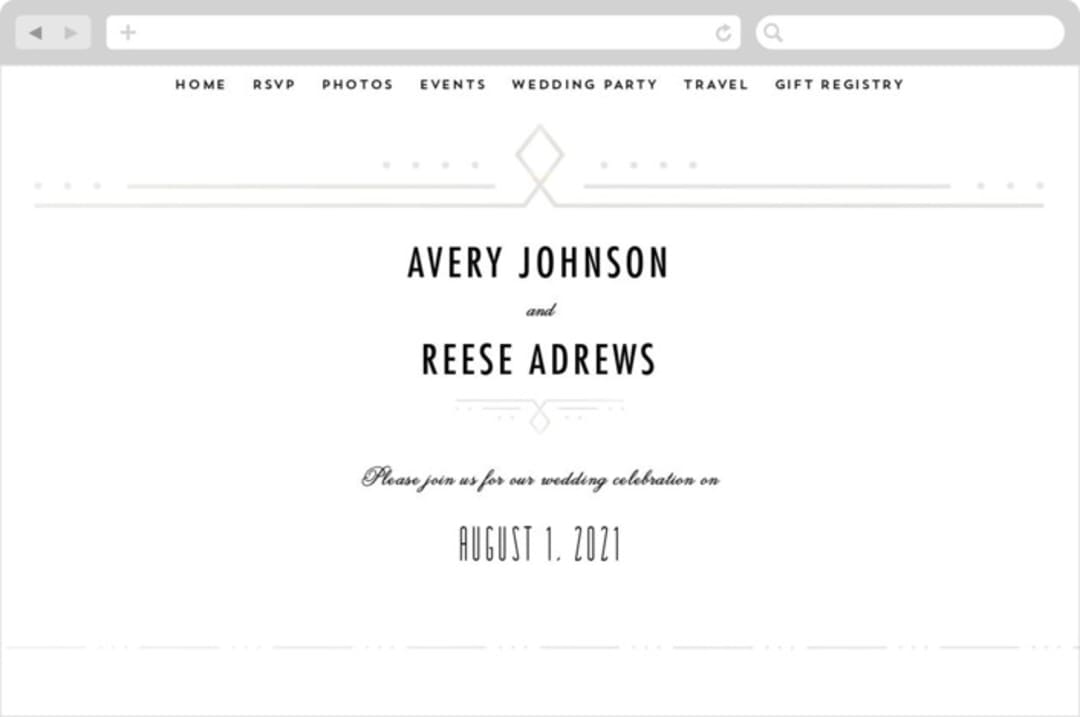 "Framed Deco Elegance" - Wedding Website in Classic White by Kelly Schmidt - Desktop Design