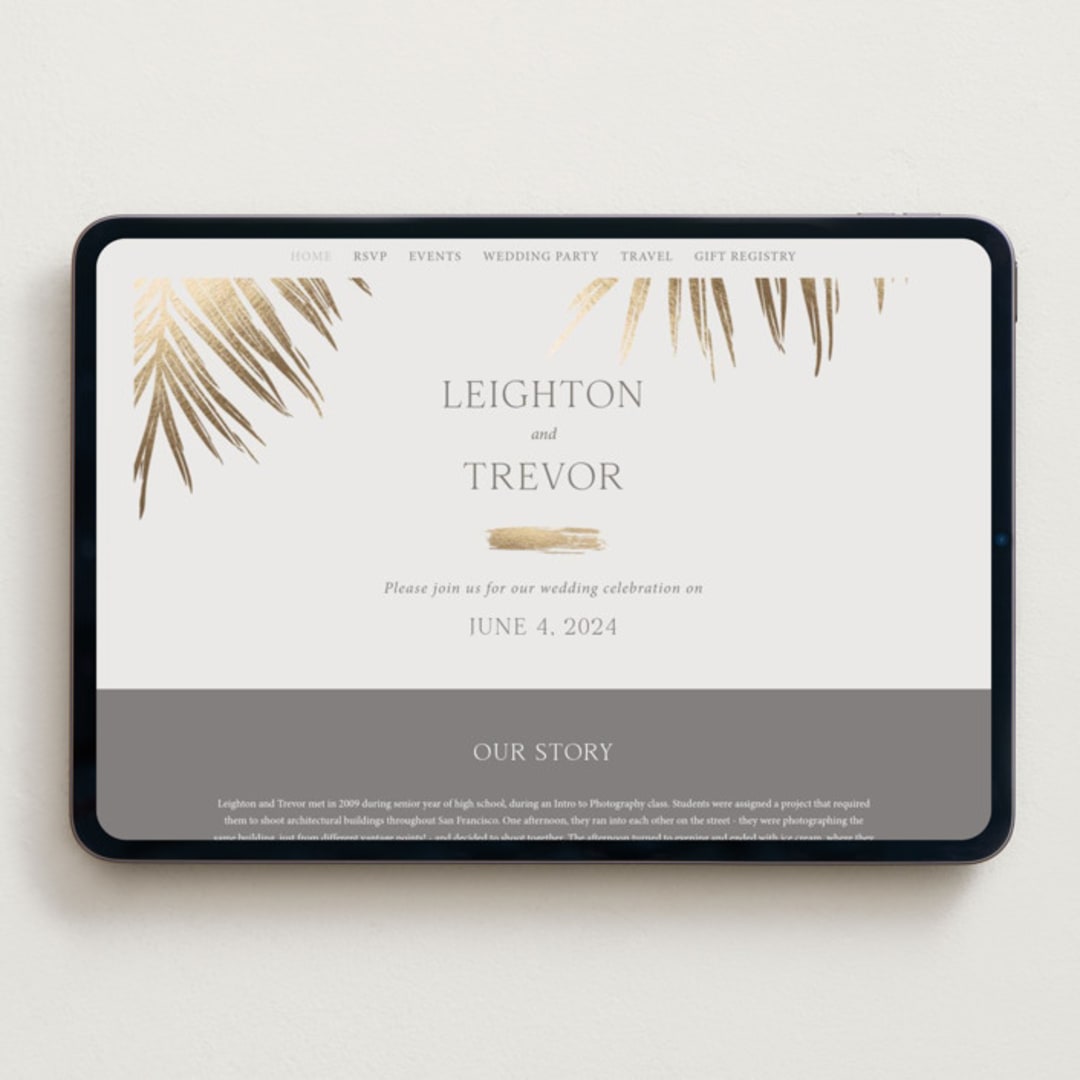 "Gilded Palm" - Wedding Website in Sand by Melinda Denison - Desktop Design