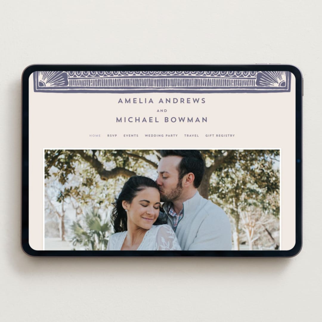 "Block Print Frame" - Wedding Website in Twilight by Katharine Watson - Desktop Design