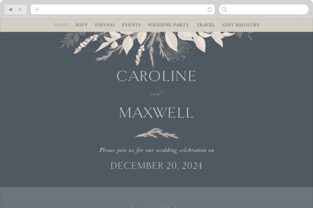 "Winter White Botanicals" - Wedding Website in Slate by Erin Deegan - Desktop Design