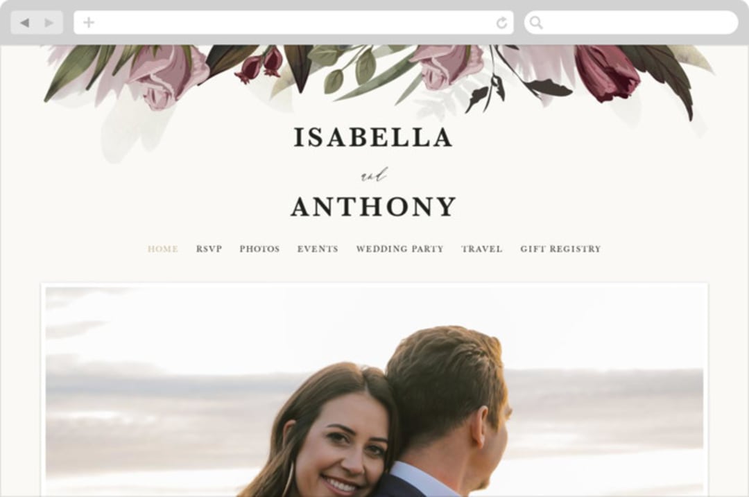 "Roses & Greenery" - Wedding Website in Aubergine by Susan Moyal - Desktop Design