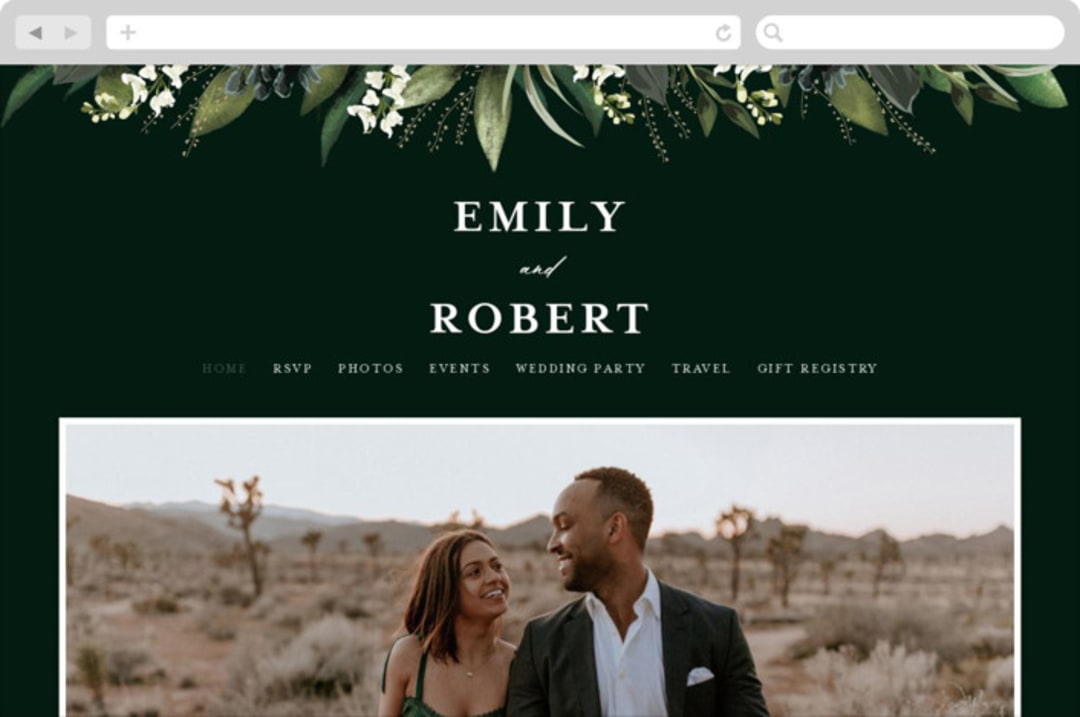 "Forest Finds" - Wedding Website in Emerald by Susan Moyal - Desktop Design