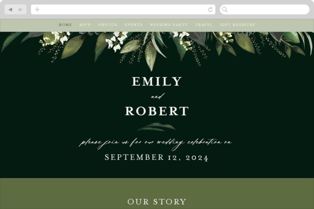"Forest Finds" - Wedding Website in Emerald by Susan Moyal - Desktop Design