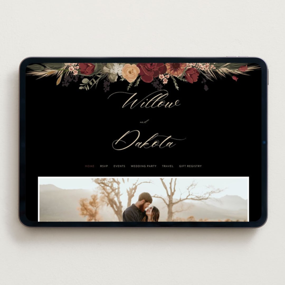 "Botanical Edge" - Wedding Website in Merlot by Susan Moyal - Desktop Design