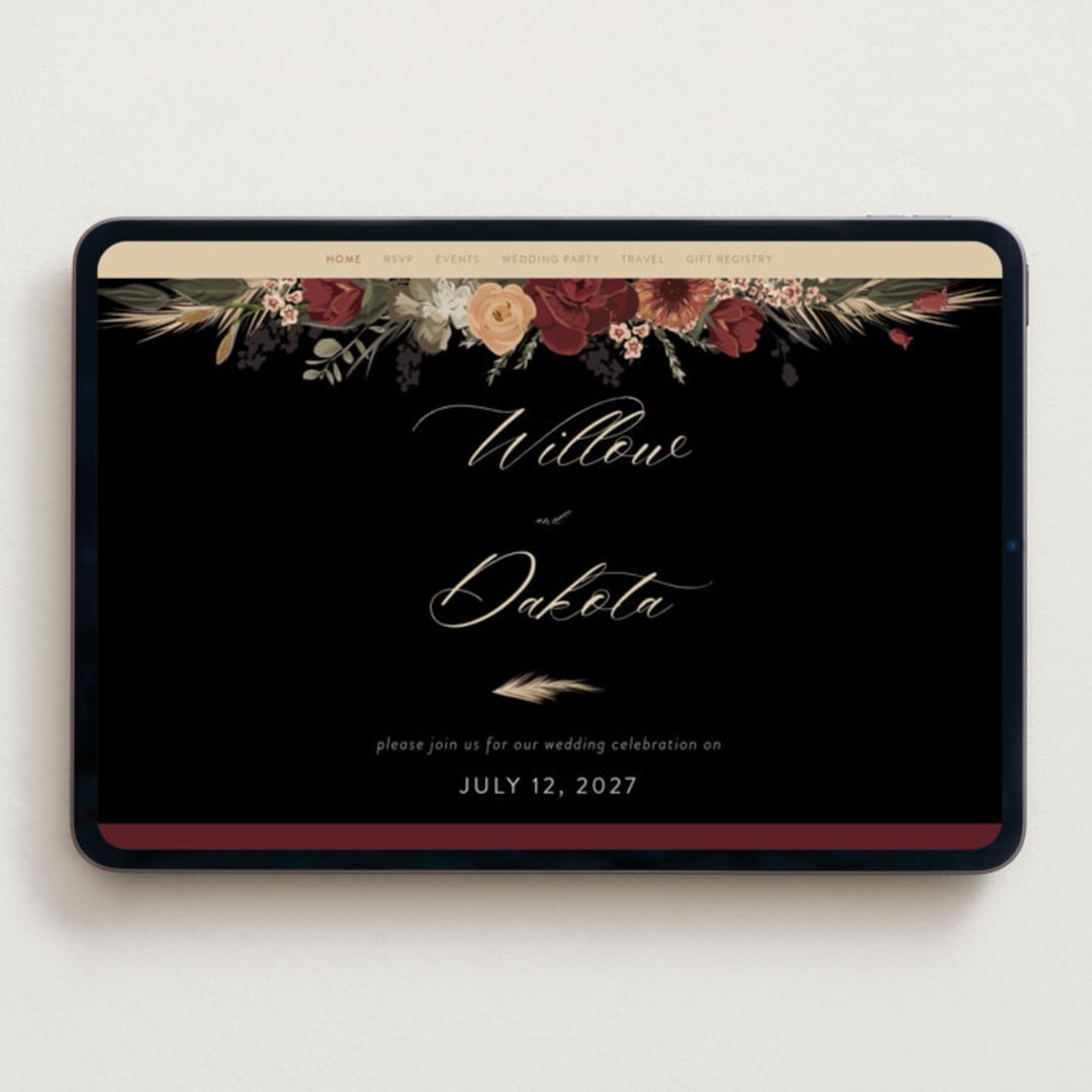 "Botanical Edge" - Wedding Website in Merlot by Susan Moyal - Desktop Design
