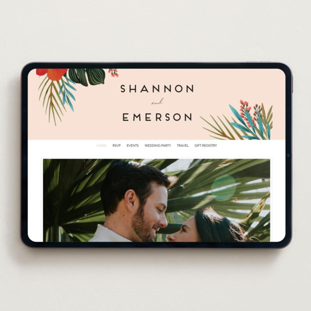 "Tropical Oasis" - Wedding Website in Coral by Joanna Griffin - Desktop Design