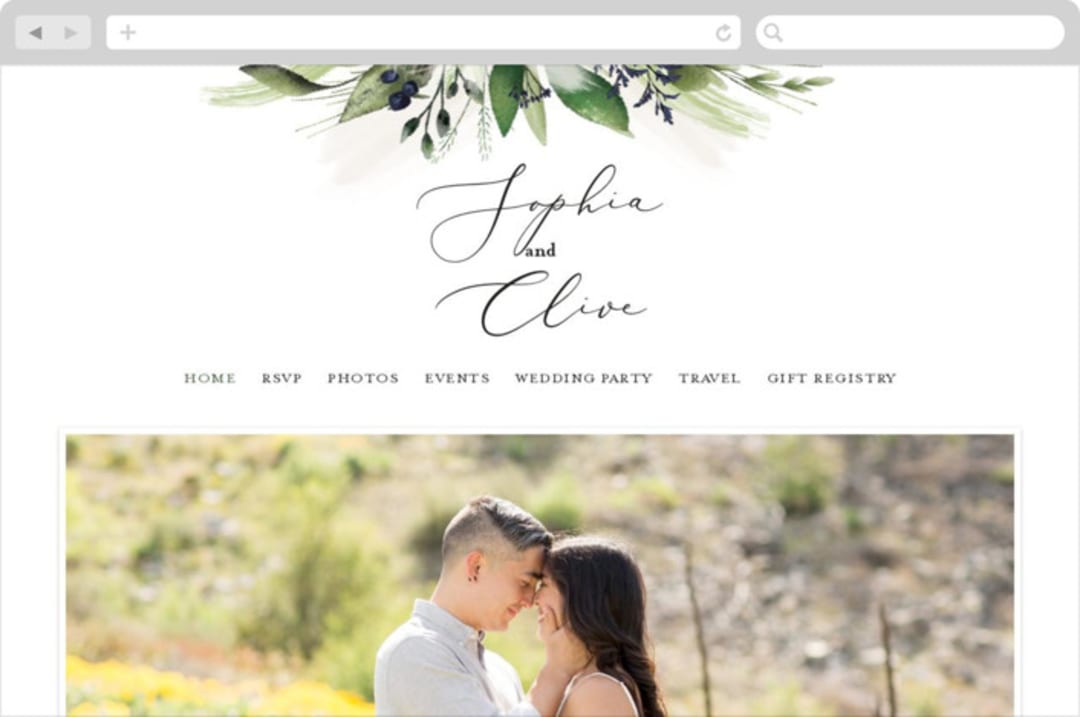 "Greenery Banner" - Wedding Website in Navy by Susan Moyal - Desktop Design