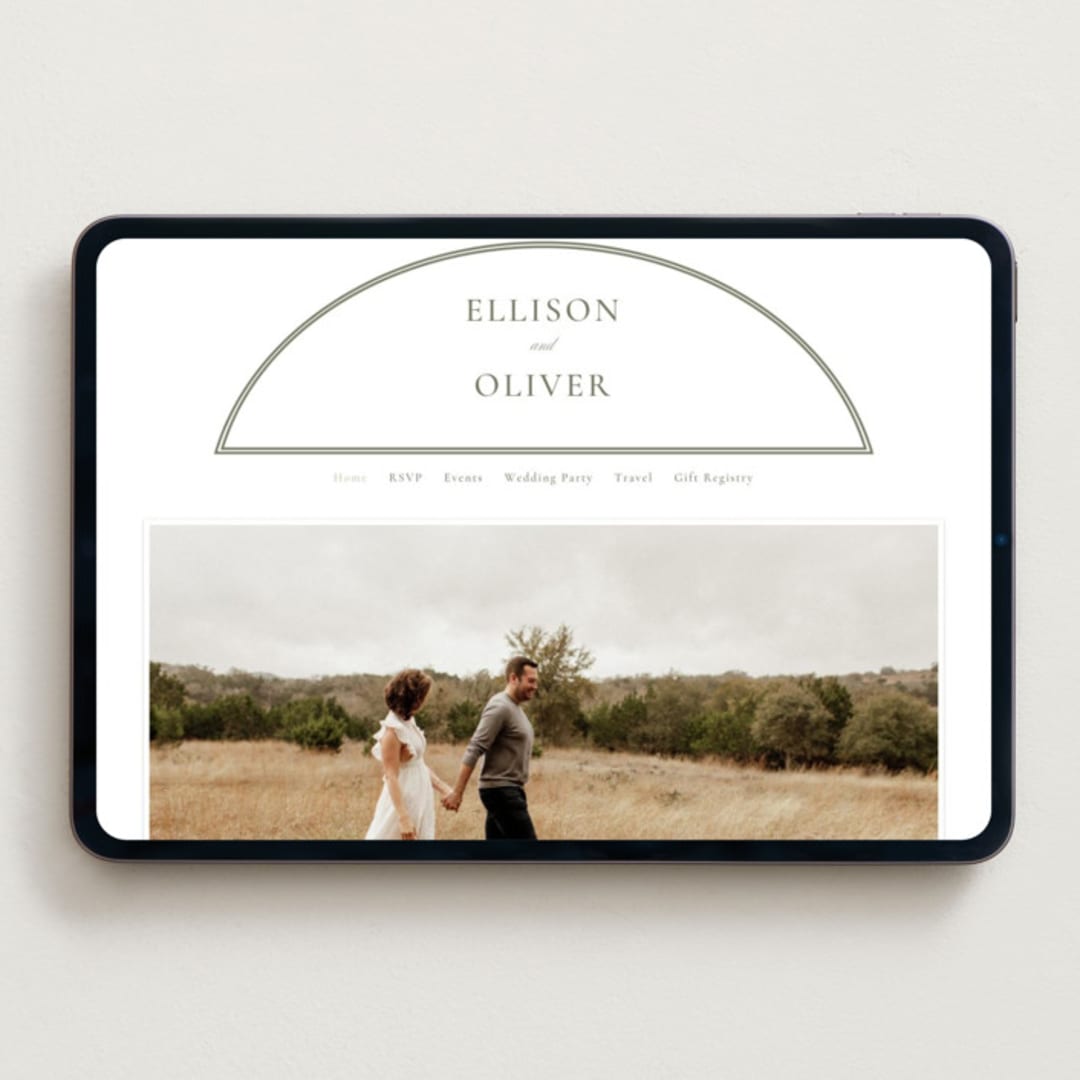 "Classic Arch" - Wedding Website in Moss by Corinne Malesic - Desktop Design