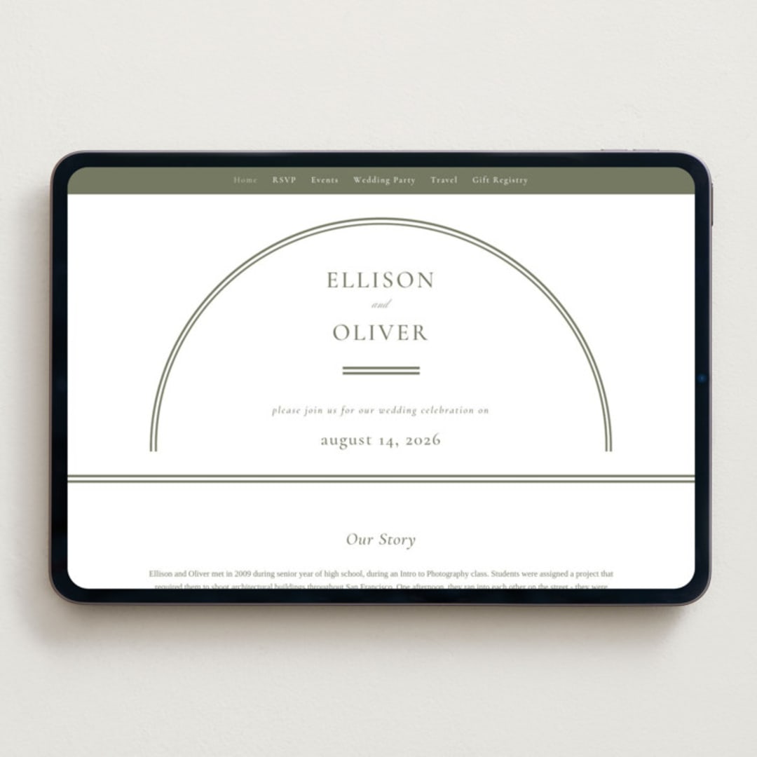 "Classic Arch" - Wedding Website in Moss by Corinne Malesic - Desktop Design