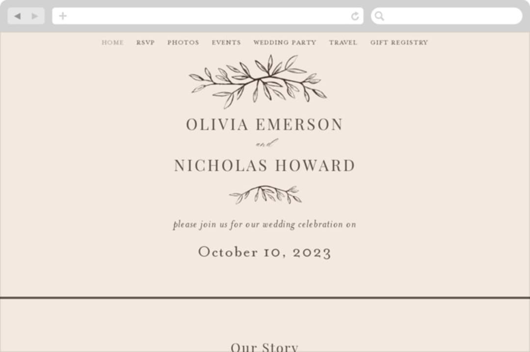 "Leafy Branch" - Wedding Website in Latte by Katherine Moynagh - Desktop Design