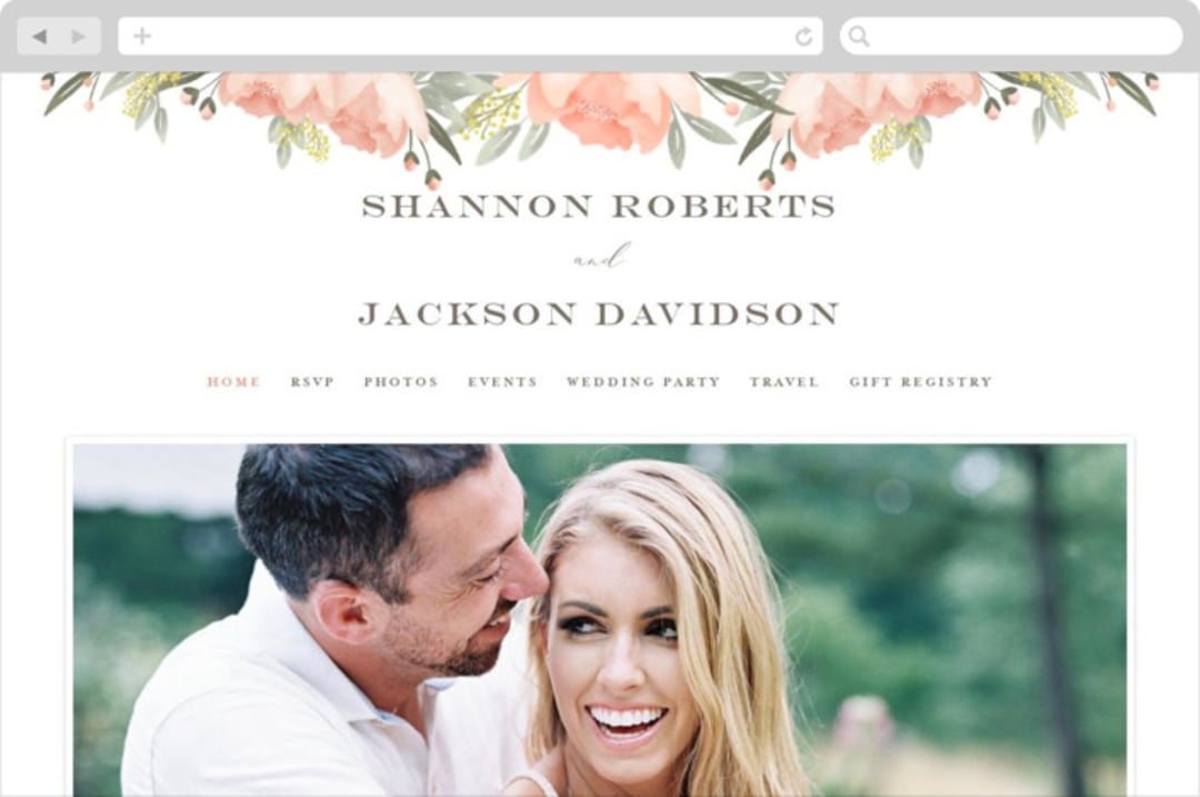 "Peony Wreath" - Wedding Website in Peach by Joanna Griffin - Desktop Design