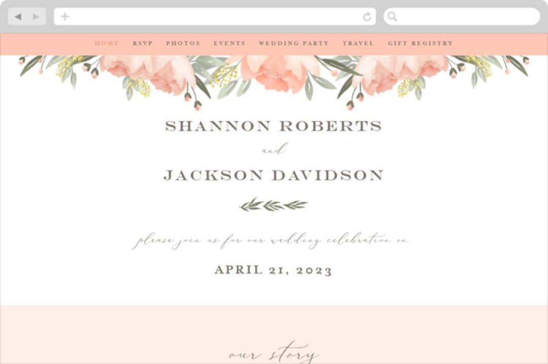 "Peony Wreath" - Wedding Website in Peach by Joanna Griffin - Desktop Design