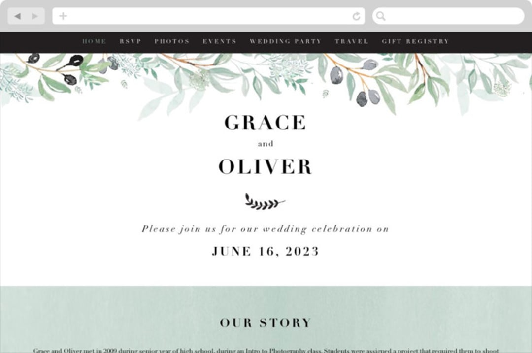 "Olivier" - Wedding Website in Olive by Bonjour Paper - Desktop Design