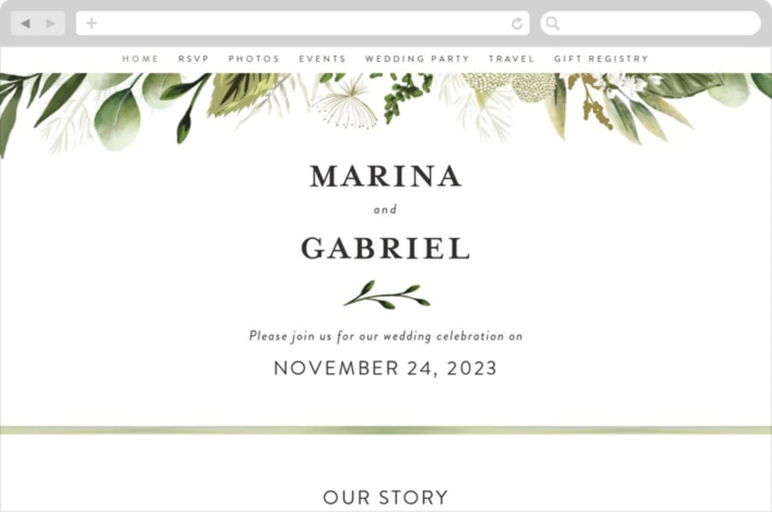 "Enchanted Greenery" - Wedding Website in Frost by Susan Moyal - Desktop Design