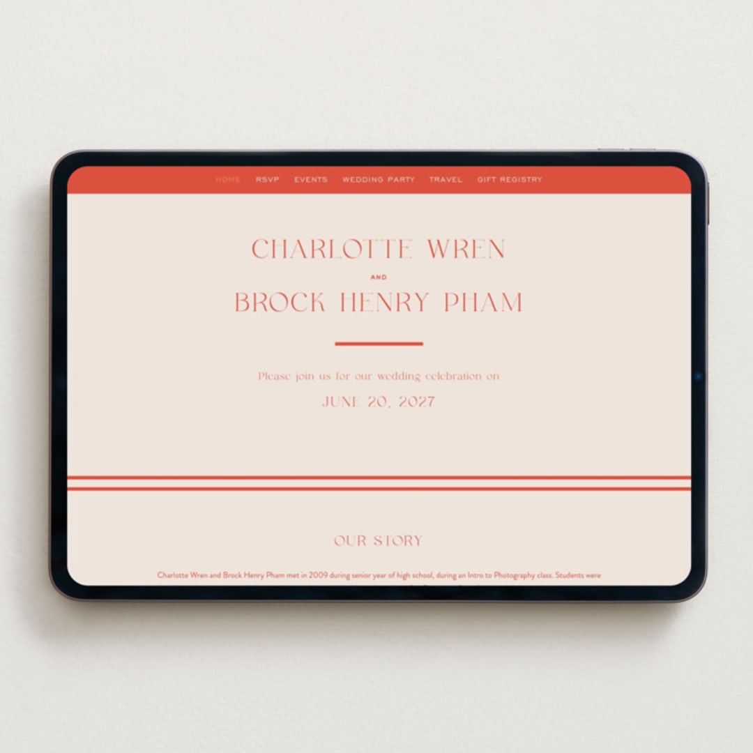 "Racquet" - Wedding Website in Verona Sunset by Megan Davis - Desktop Design
