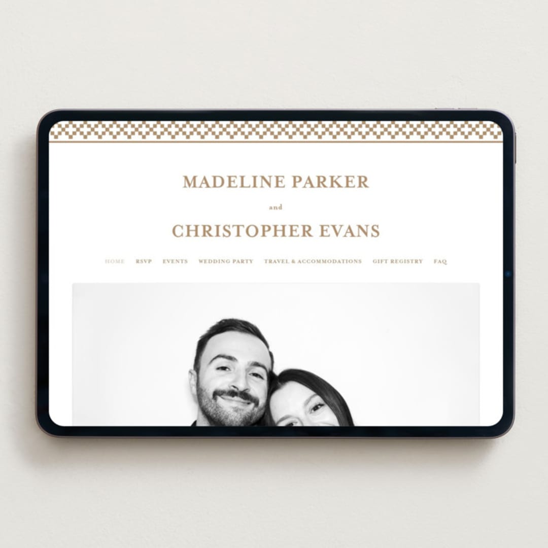 "Parker" - Wedding Website in Matte Gold by Angela Garrick - Desktop Design