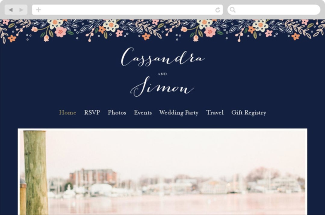 "Wildflower Crest" - Wedding Website in Navy by Alethea and Ruth - Desktop Design