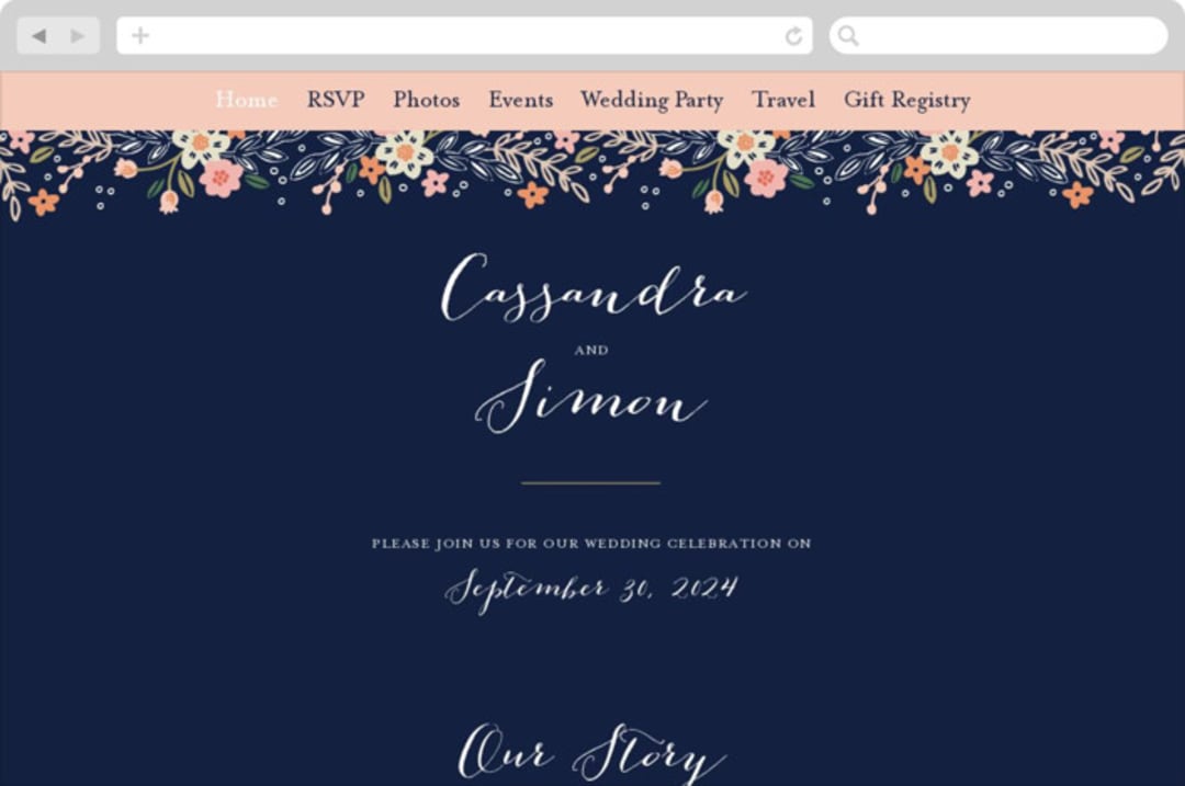 "Wildflower Crest" - Wedding Website in Navy by Alethea and Ruth - Desktop Design