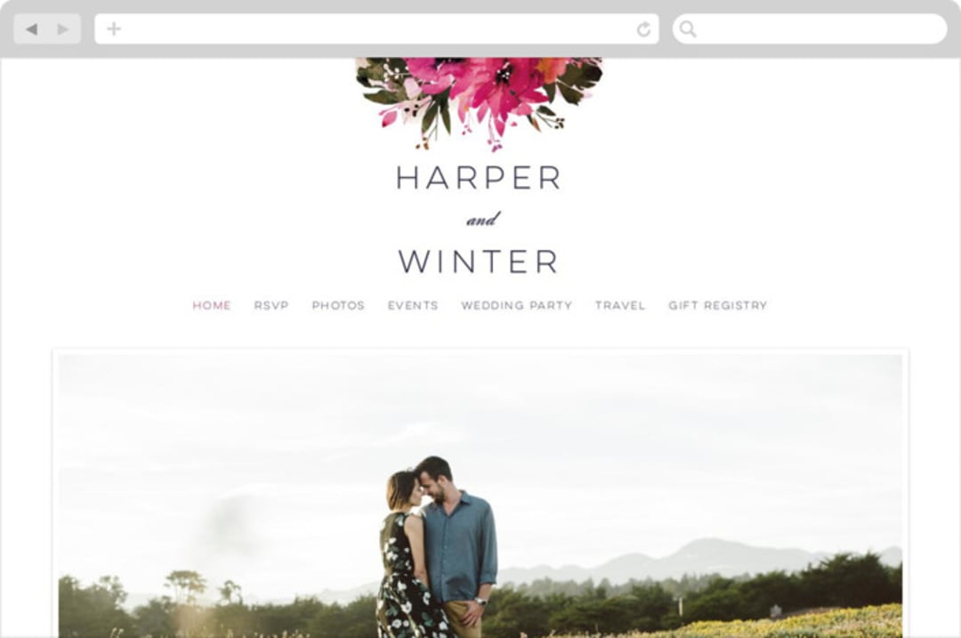 "Peeking Florals" - Wedding Website in Fuchsia by Lori Wemple - Desktop Design
