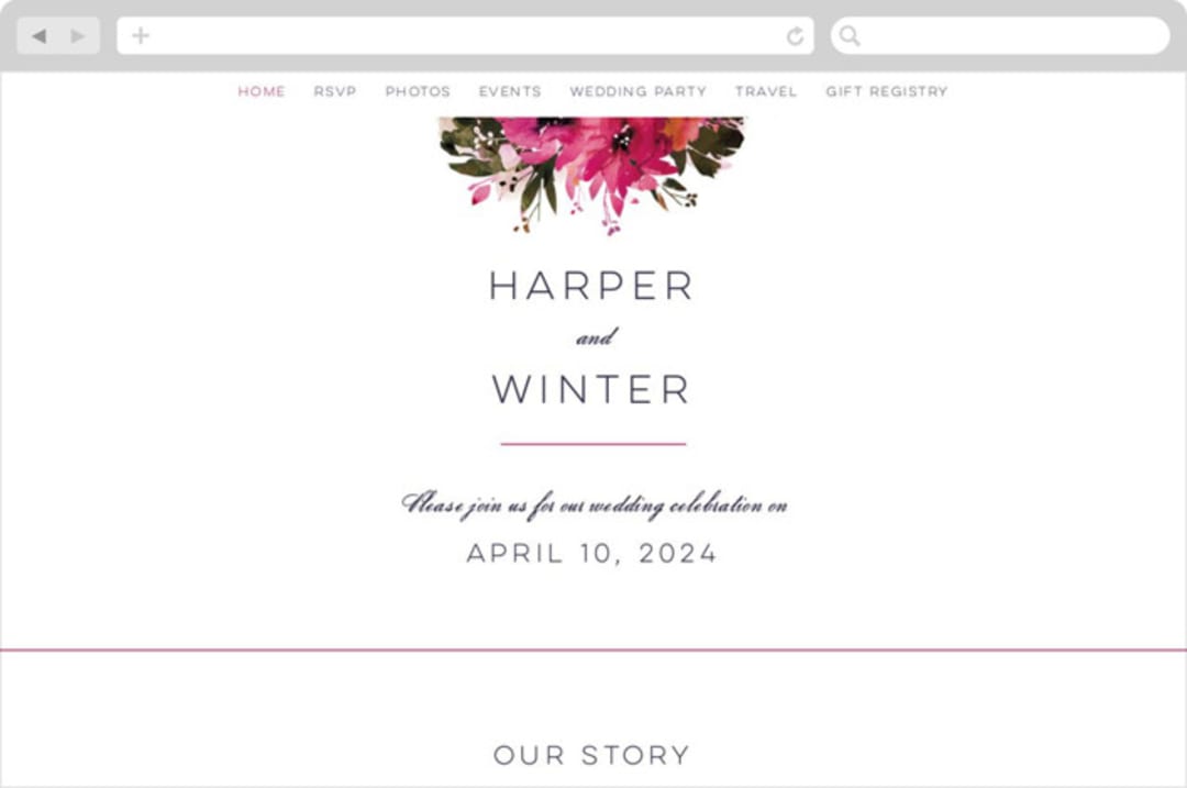"Peeking Florals" - Wedding Website in Fuchsia by Lori Wemple - Desktop Design