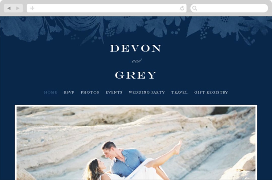 "Floral screenprint" - Wedding Website in Navy by Jennifer Wick - Desktop Design