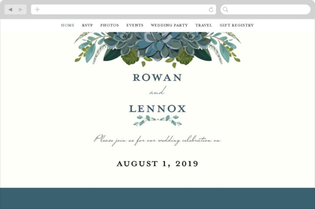 "Echeveria" - Wedding Website in Prussian Blue by Susan Moyal - Desktop Design