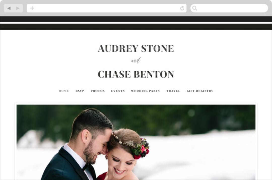 "Ribbon Border" - Wedding Website in Tuxedo by Jill Means - Desktop Design