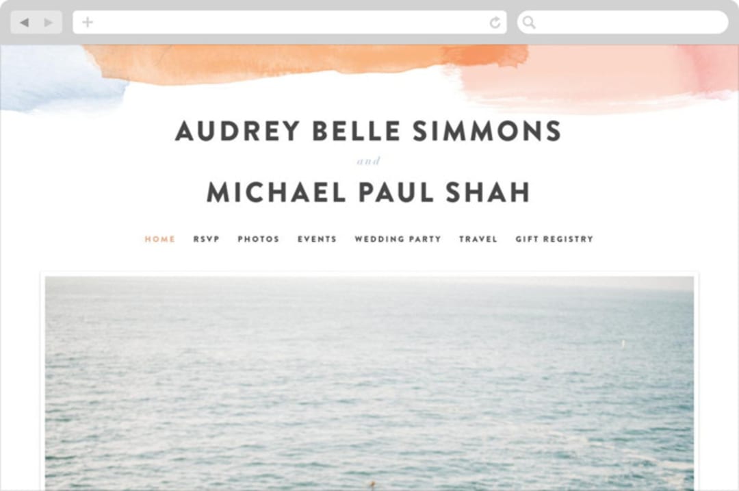 "Watercolor Wisp" - Wedding Website in Blush by Ariel Rutland - Desktop Design
